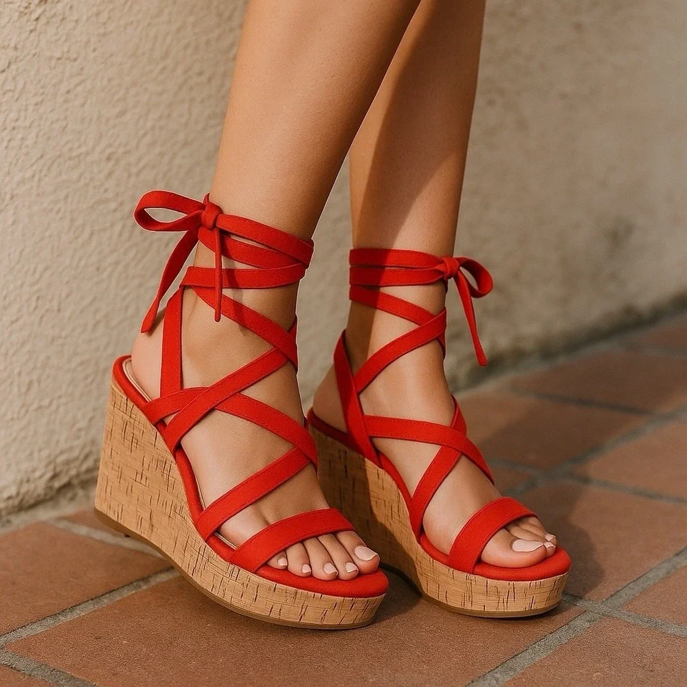 Guess Red Suede Cork Wedge Sandals